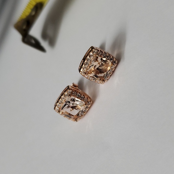 Sterling Silver 925 Rose Gold Morganite Princess Cut Earrings - Picture 4 of 5